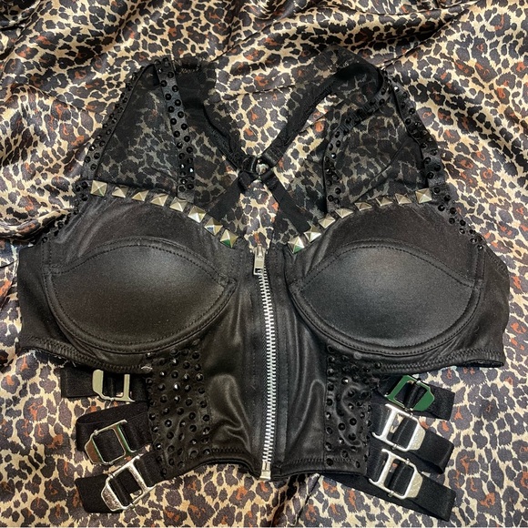 Studded Black Rhinestone Bustier Buckle Crop Top - Picture 3 of 16